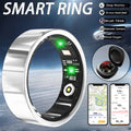 Sleek silver waterproof smart ring featuring internal health sensors, a charging case, and mobile app tracking.