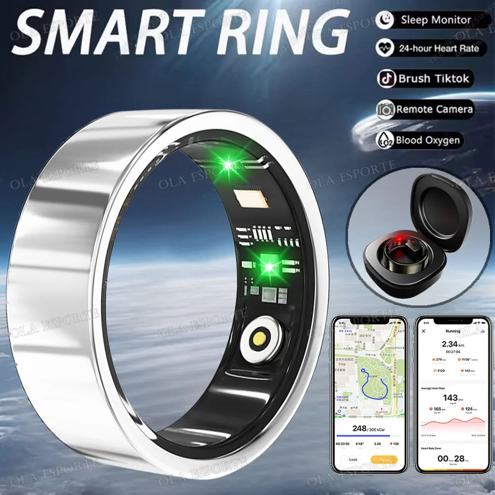 Sleek silver waterproof smart ring featuring internal health sensors, a charging case, and mobile app tracking.