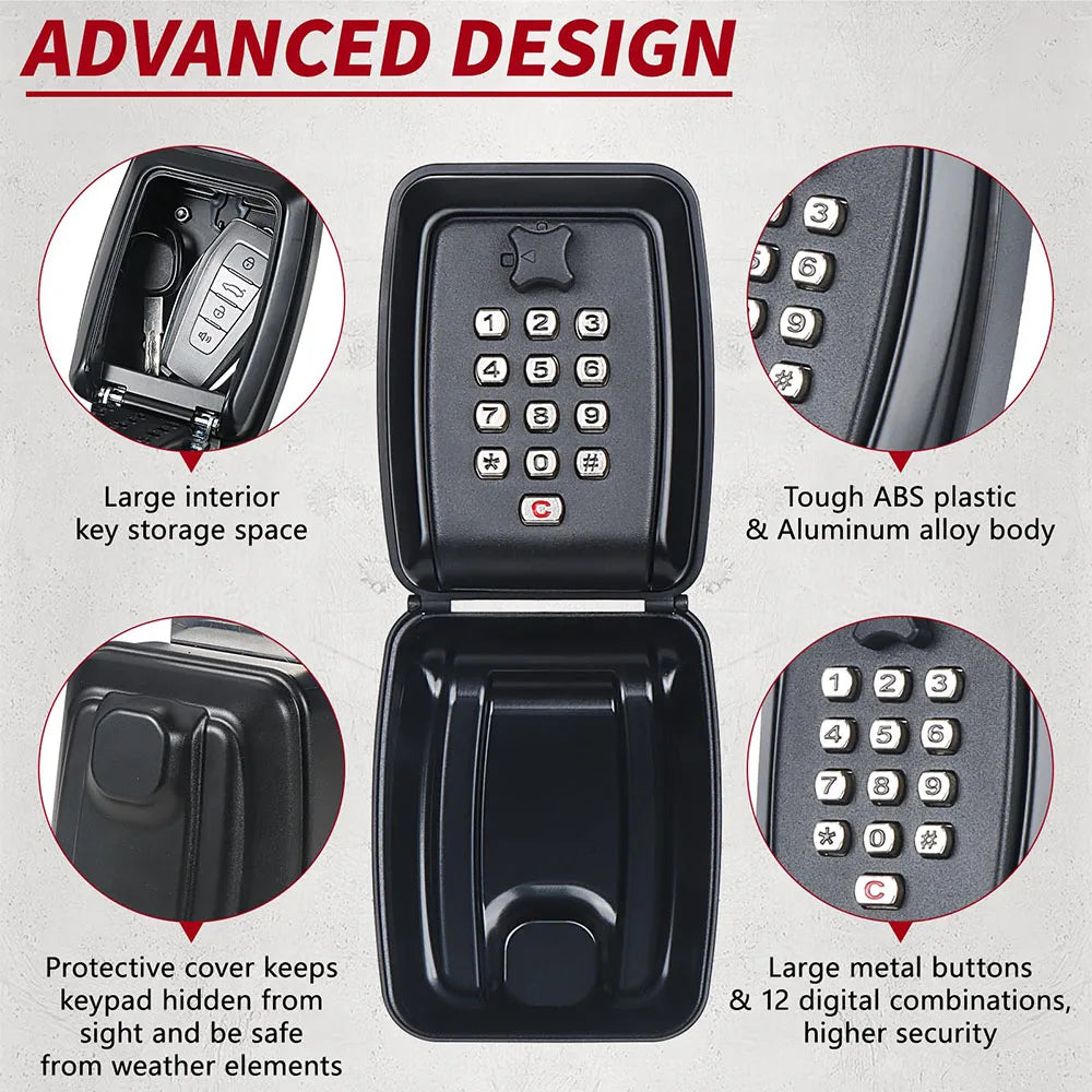 Black wall-mounted key lock box with aluminum body, ABS plastic cover, and a numeric keypad for security.