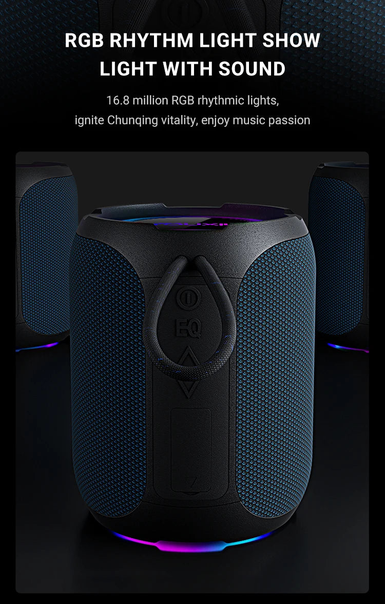 Portable blue and black waterproof Bluetooth speaker featuring a carry loop, EQ button, and glowing RGB light base.