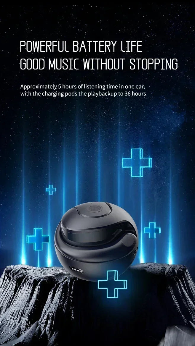 A matte black, spherical wireless earbud charging case set against a dark, glowing blue digital background.