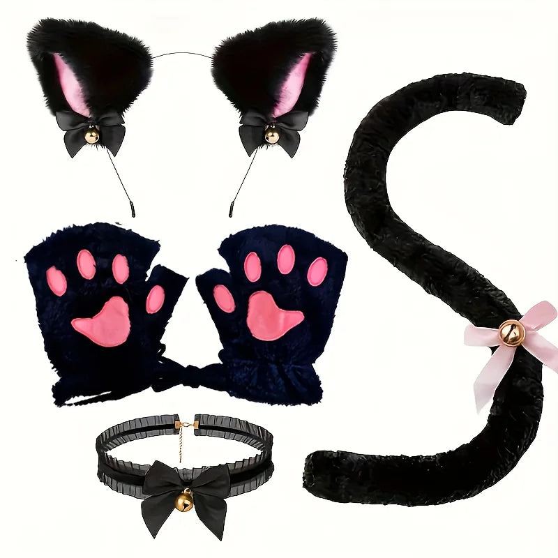 Five-piece black cat costume set including faux fur ear headband, paw gloves, collar, and tail with gold bell accents.