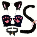 Five-piece black cat costume set including faux fur ear headband, paw gloves, collar, and tail with gold bell accents.