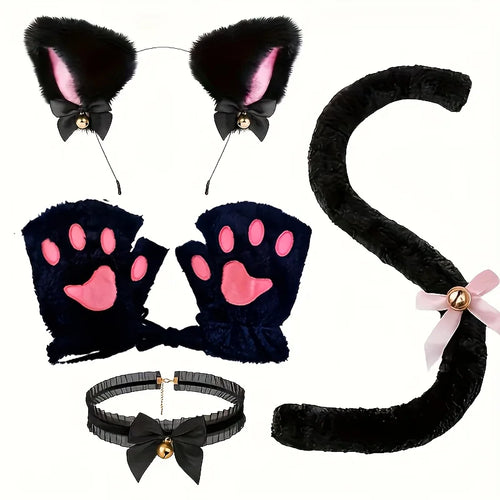 Five-piece black cat costume set including faux fur ear headband, paw gloves, collar, and tail with gold bell accents.