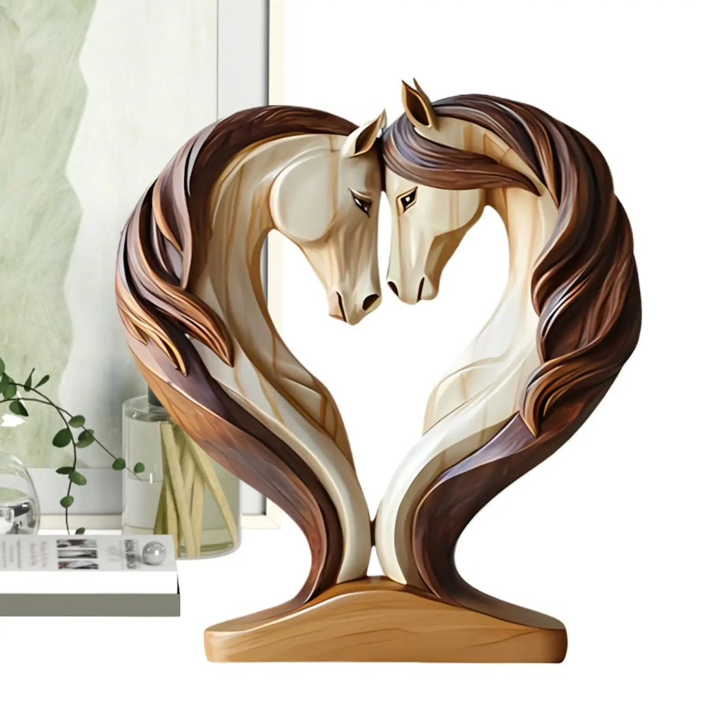 Elegant wooden-effect statue featuring two horses with flowing manes forming a heart shape, in cream and brown tones.