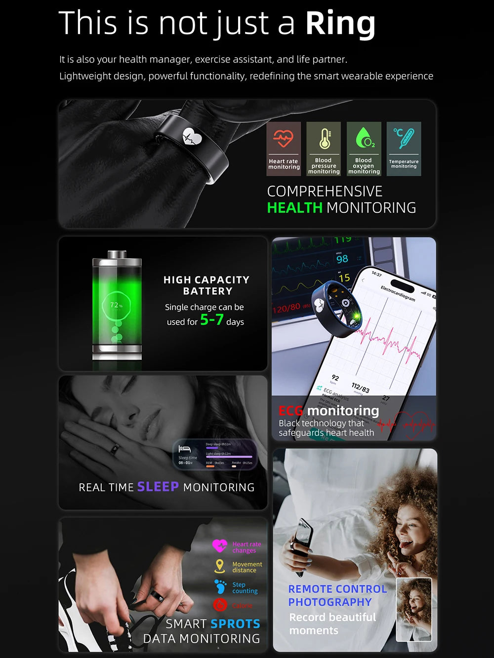 Sleek black smart fitness ring featuring heart rate, sleep, ECG and health monitoring with remote camera control.