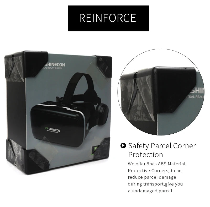 Black 3D virtual reality headset in a grey box, featuring black protective plastic corners for safe shipping.