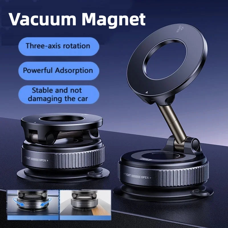 A black, adjustable magnetic car phone mount with a sleek, minimalist metallic design, shown in folded and open states.