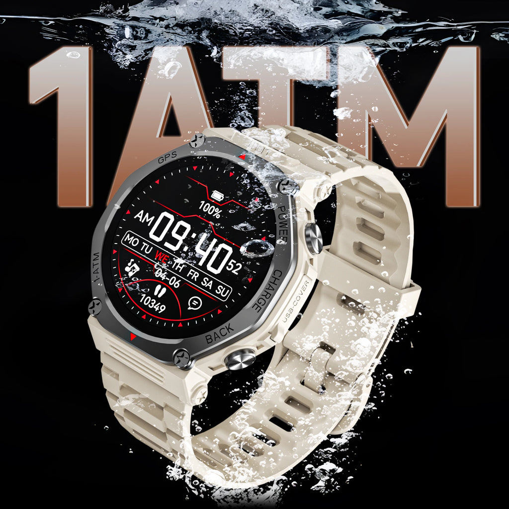 Rugged beige smartwatch with a digital display and GPS, shown underwater to highlight its 1ATM water-resistant design.