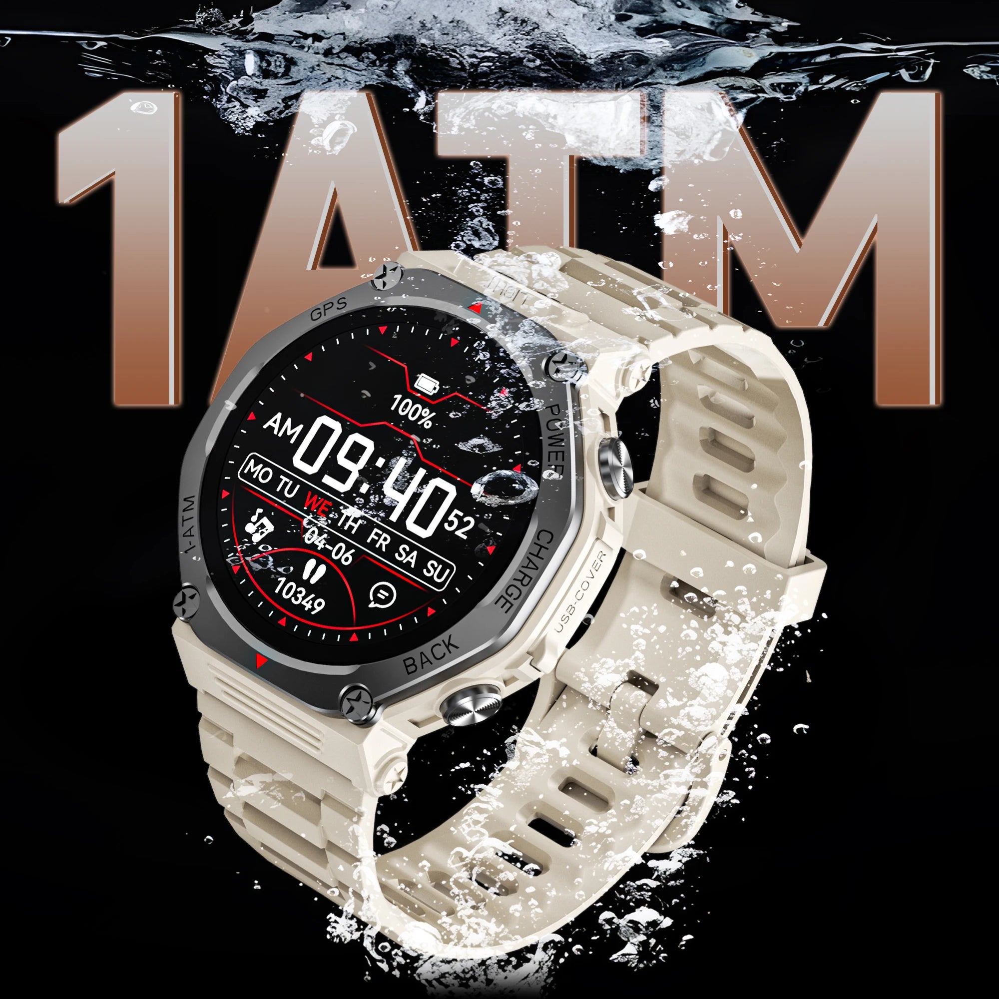 Rugged beige smartwatch with a digital display and GPS, shown underwater to highlight its 1ATM water-resistant design.