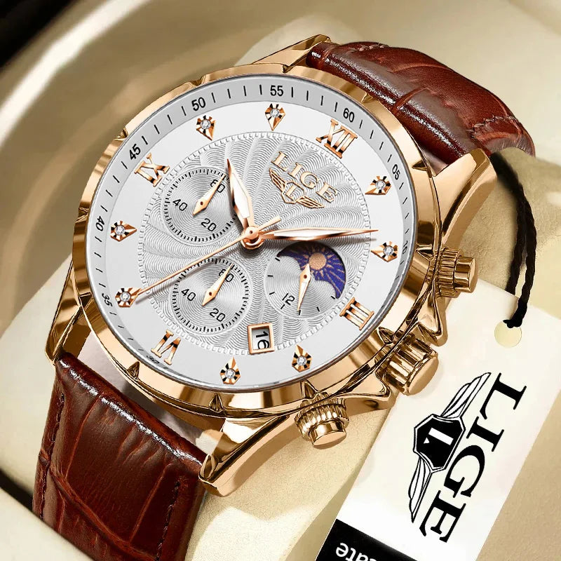 Men's rose gold chronograph watch with a white textured dial, diamond indices, and a brown leather crocodile strap.