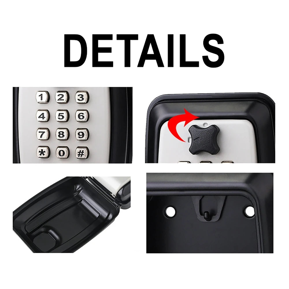 Black metal wall-mounted key lock box with white numeric keypad, dial release, and interior hanging hook.