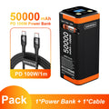 Black and orange 50000mAh power bank with digital display, built-in cable, and a 100W USB-C fast charging cable.