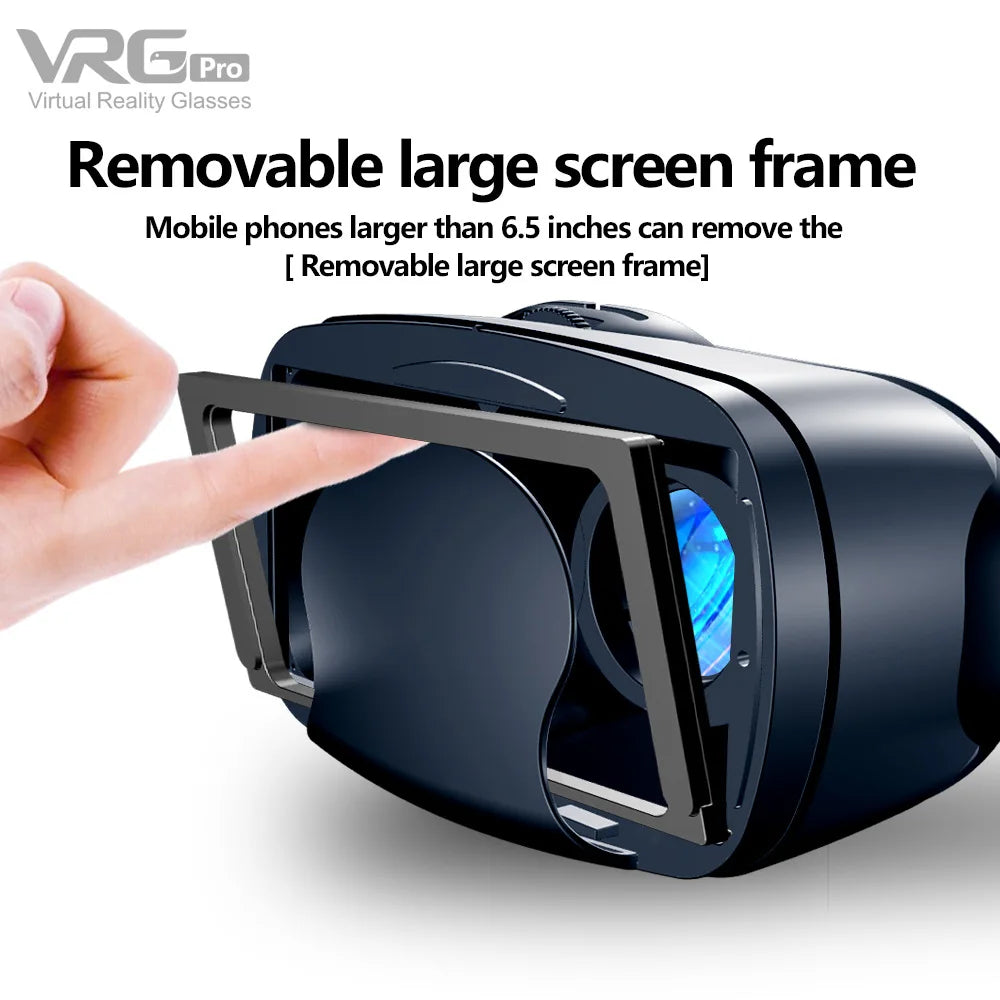 Black VR headset with a removable screen frame for large smartphones, shown being detached by a finger.