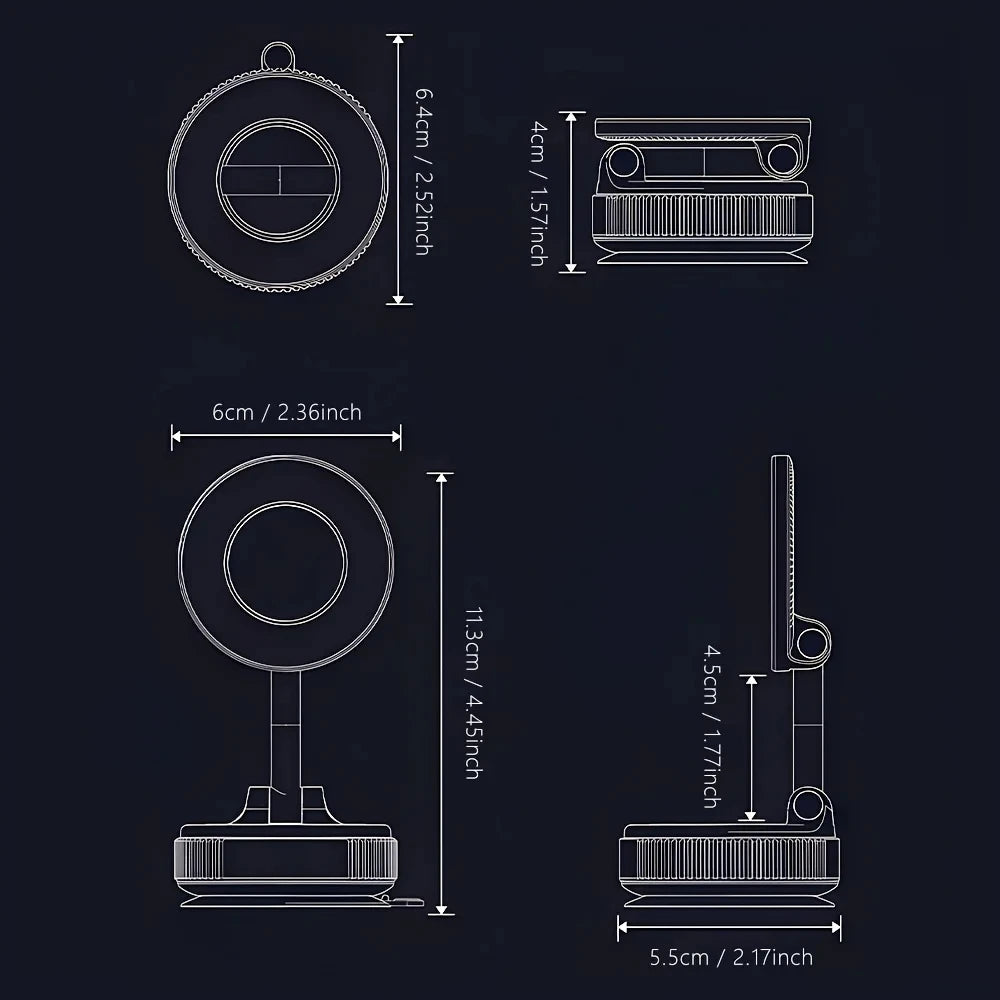 Line drawing of a compact, foldable ring light with dimensions, showing both folded and extended upright positions.