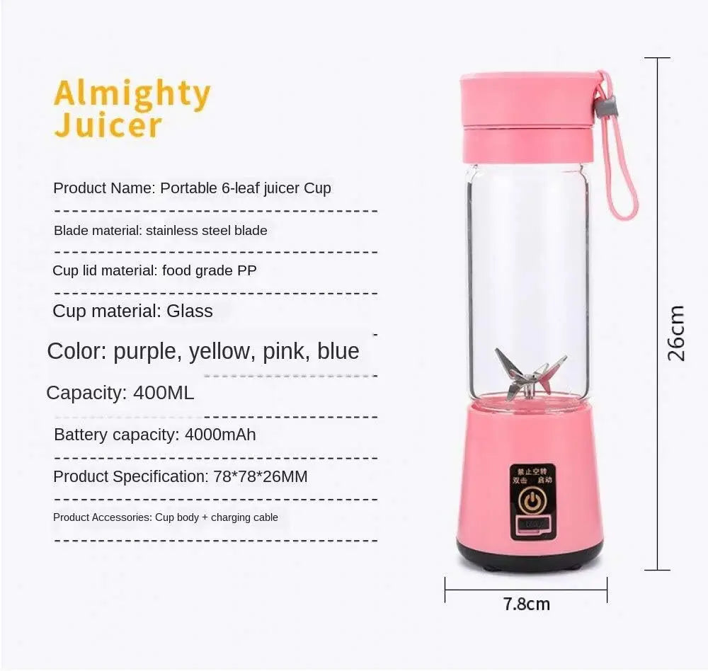 Portable pink personal blender with a 400ml glass cup, 6-leaf stainless steel blades, and a rechargeable base.