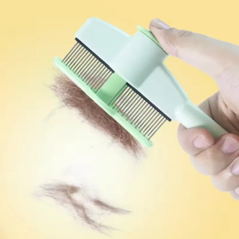 A hand holding a pale green self-cleaning pet slicker brush with collected brown pet fur.
