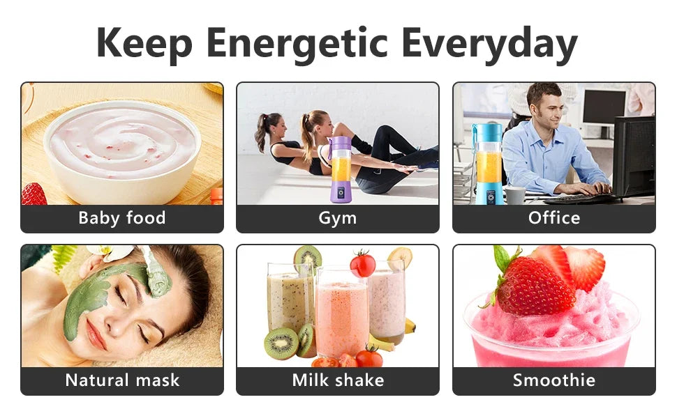 Collage showing a portable blender used for baby food, gym drinks, office smoothies, face masks, and milkshakes.