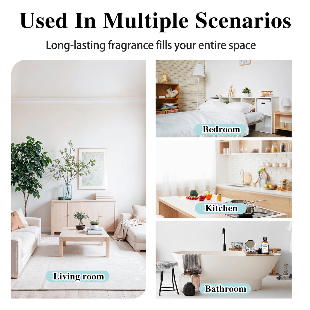Collage showing a home fragrance product used in a living room, bedroom, kitchen, and bathroom.