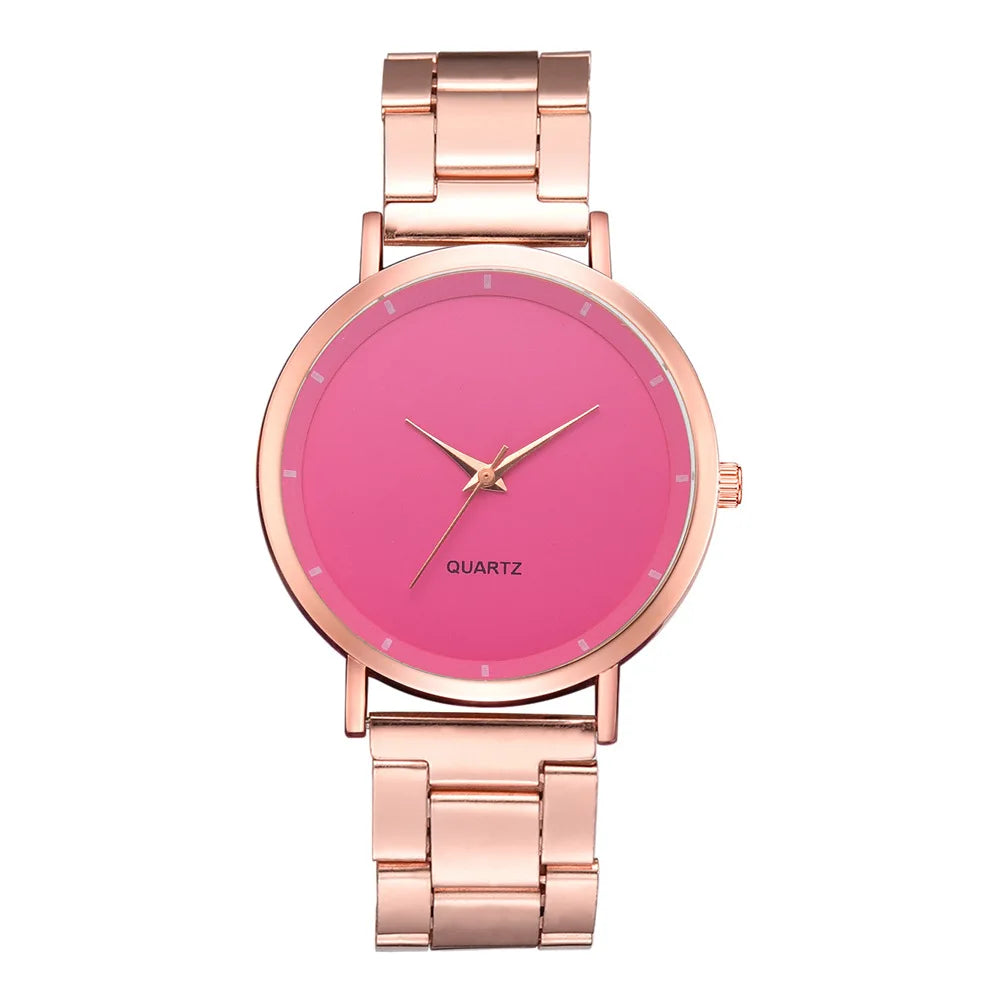 Ladies’ fashion watch with a rose gold stainless steel link strap and a minimalist pink dial.
