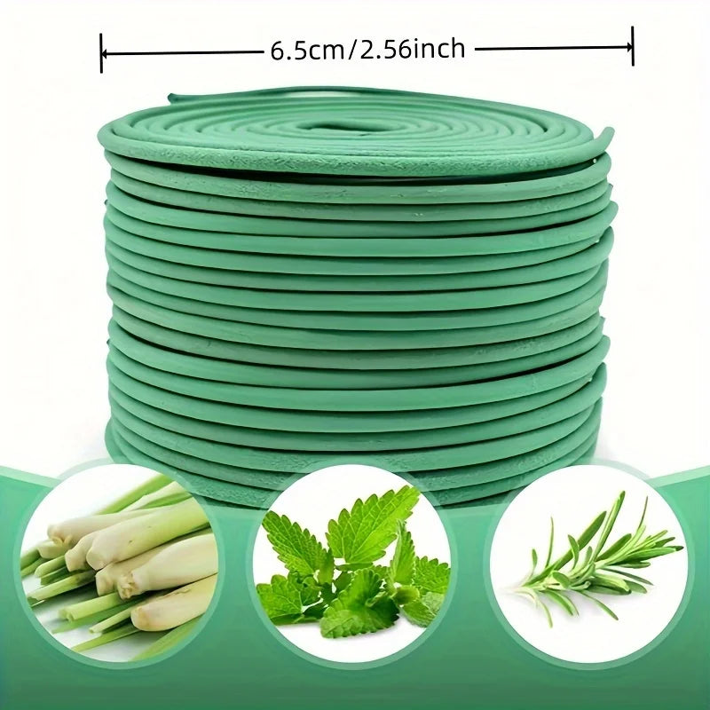 A 6.5cm green coiled mosquito repellent incense with lemongrass, mint, and rosemary illustrations.