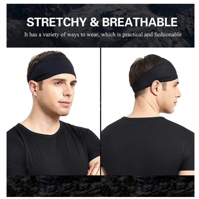 A man wearing a plain, stretchy black sports headband, shown from front and side profiles.