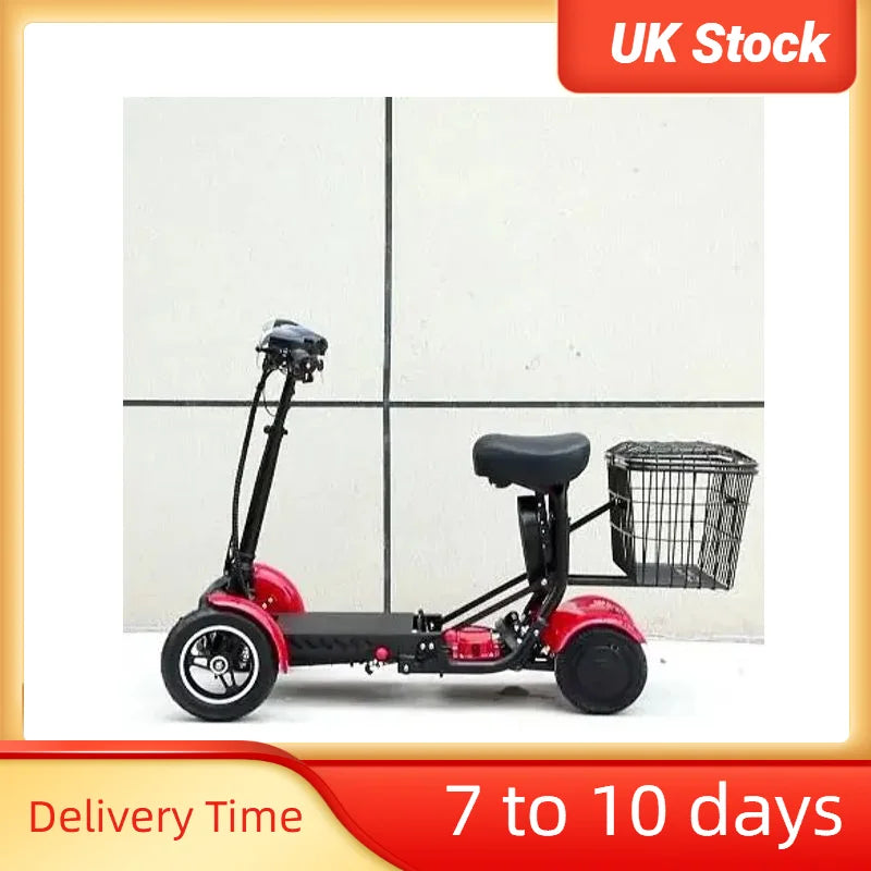 Black and red 4-wheel electric mobility scooter with two seats, handlebars, and a rear wire storage basket.