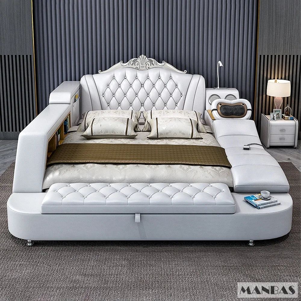 White tufted smart bed frame with integrated storage, massage features, speakers, and built-in bedside shelving.