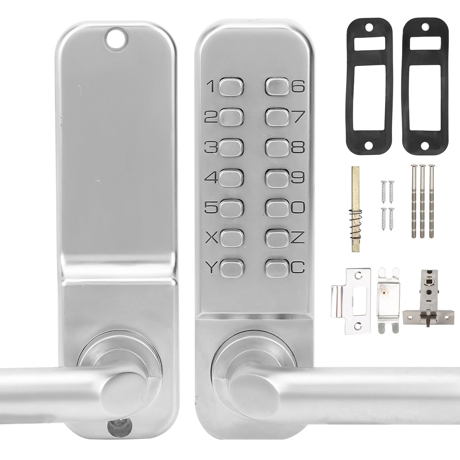 Silver metal door handle lock set with a numeric keypad and installation hardware.