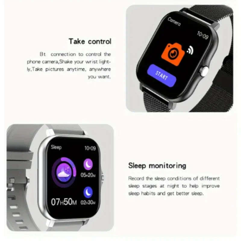 Black and silver smartwatches with touchscreens showing camera control and sleep monitoring features.