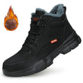 Black leather safety work boot with grey plush lining, lace-up front, thick treaded sole, and orange logo tag.