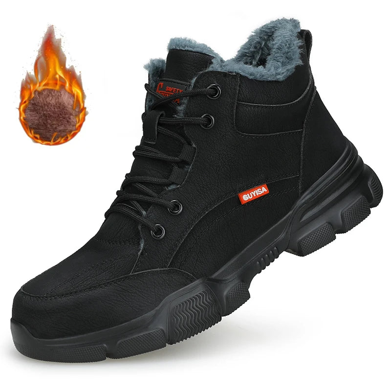 Black leather safety work boot with grey plush lining, lace-up front, thick treaded sole, and orange logo tag.
