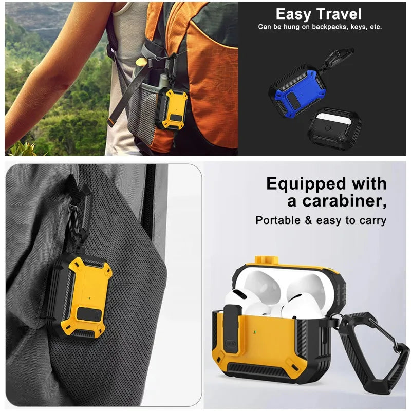 Rugged yellow and black protective case for Apple AirPods Pro with carabiner clip attached to a backpack.