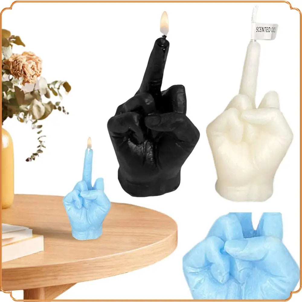 Set of novelty hand-shaped candles making a rude gesture, available in black, white, and blue wax.