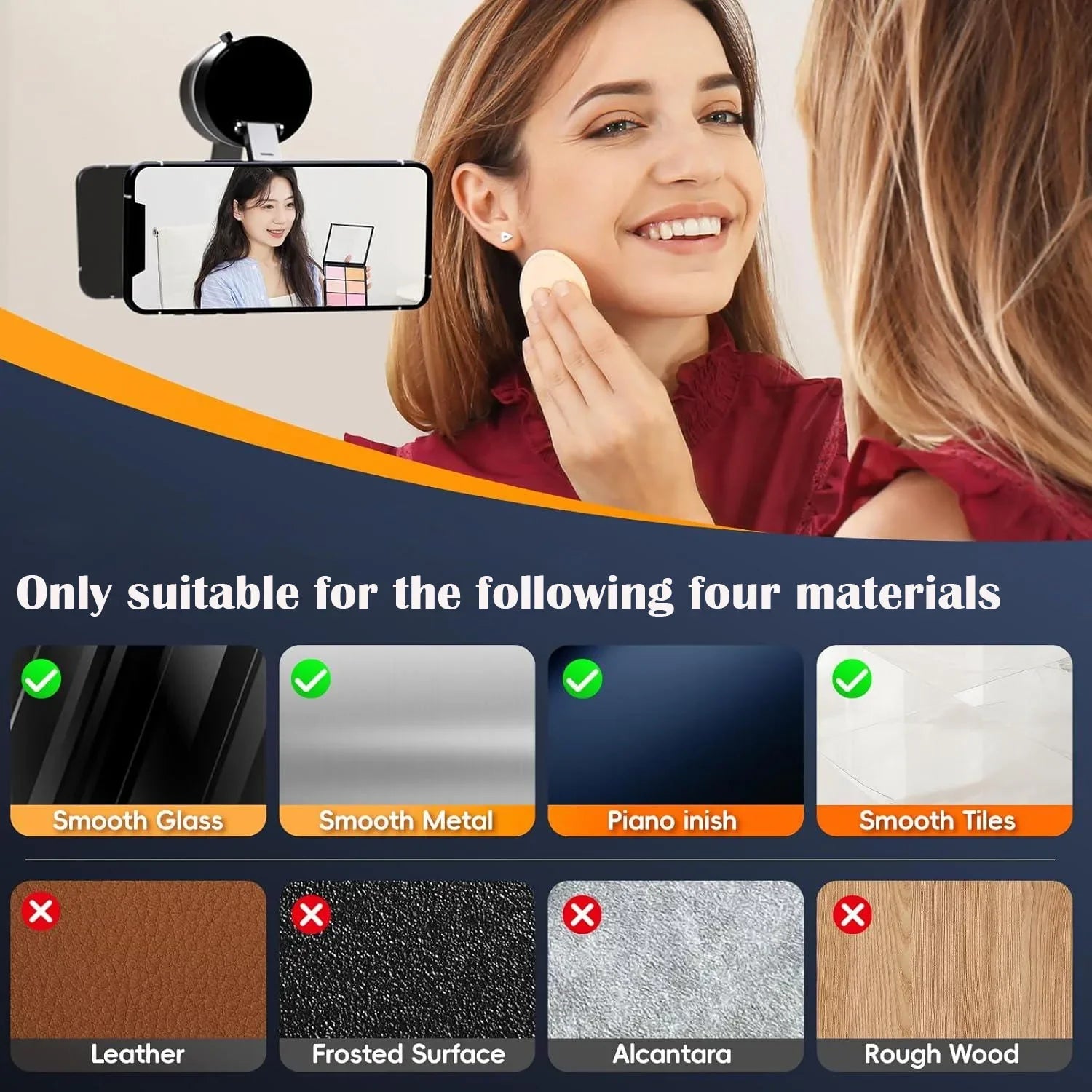 Black magnetic phone mount attached to a smartphone, showing suitability for smooth surfaces versus textured materials.