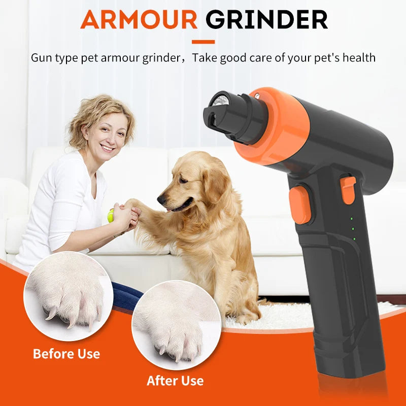 Black and orange electric pet nail grinder with before and after comparison images showing groomed dog claws.