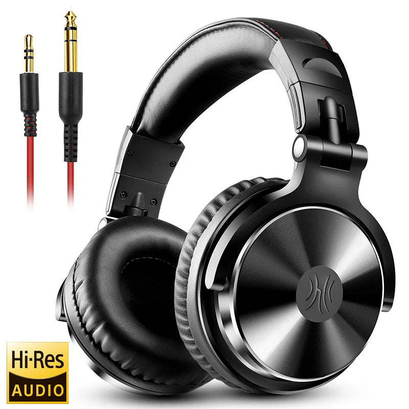 Black over-ear studio monitor headphones with cushioned headband, metallic ear cups, and two detachable red cables.