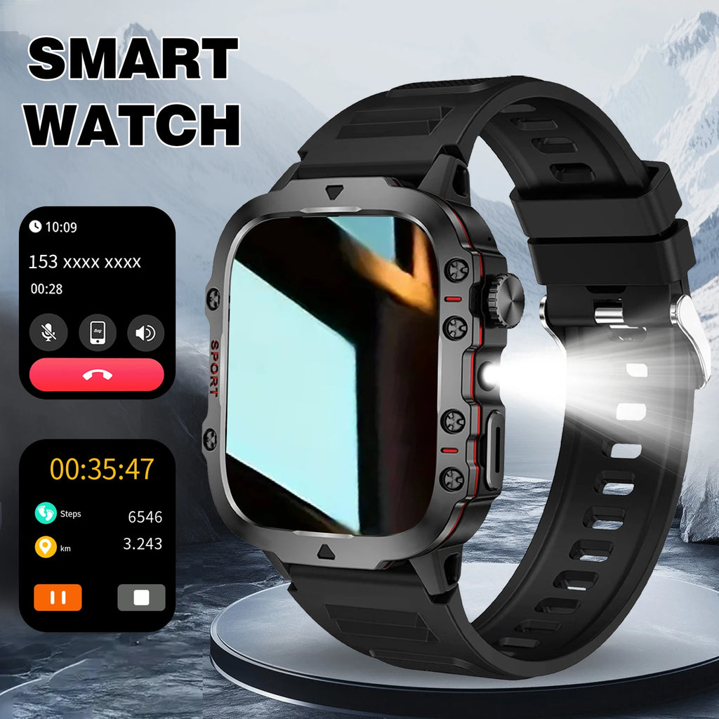Rugged black smartwatch with integrated LED light, wireless calling interface, and sports tracking features.