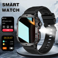 Rugged black smartwatch with integrated LED light, wireless calling interface, and sports tracking features.