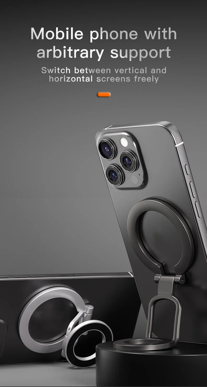 Magnetic ring phone holder with a circular design, metallic finish, and adjustable hinge for vertical or horizontal use.