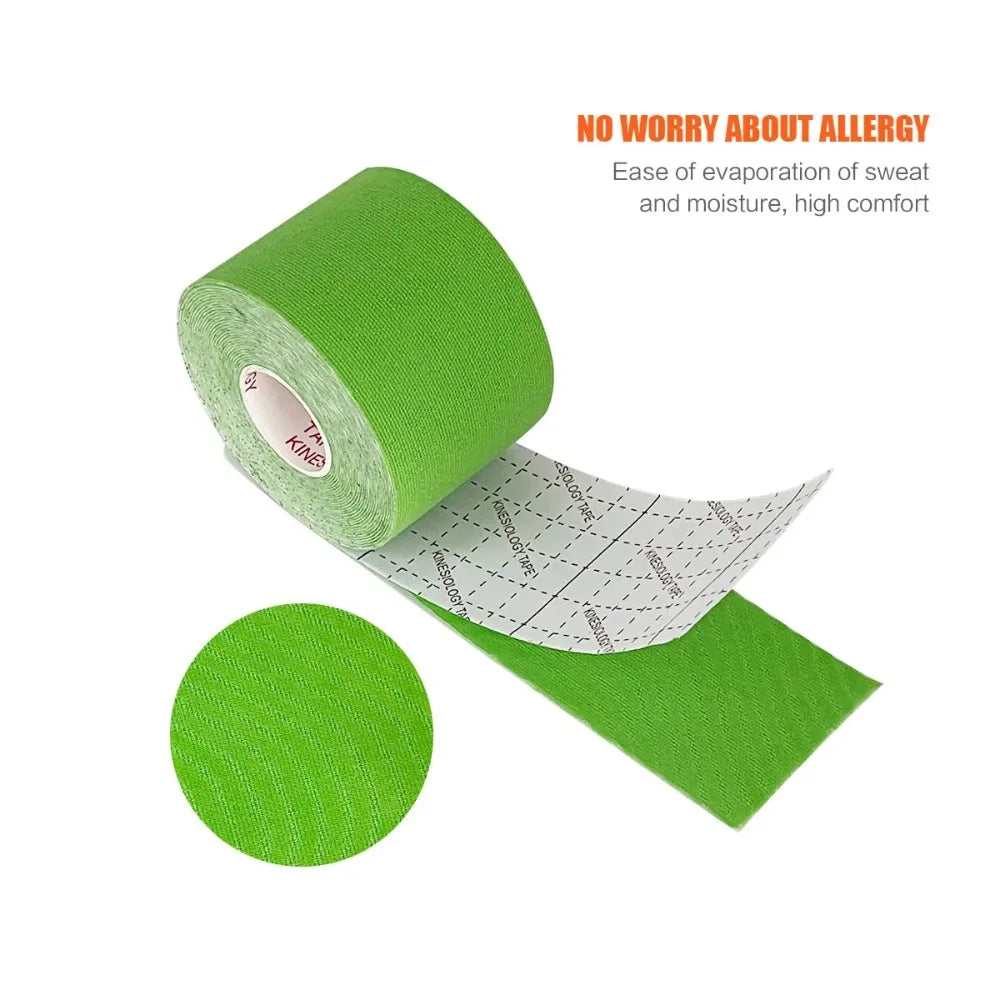 A roll of bright green kinesiology sports tape with a white backing paper featuring a grid and text.