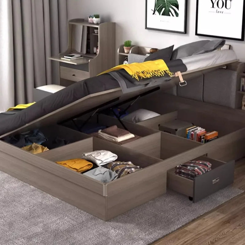 Modern grey wood-effect storage bed with a lift-up frame and integrated drawer, featuring a padded headboard.