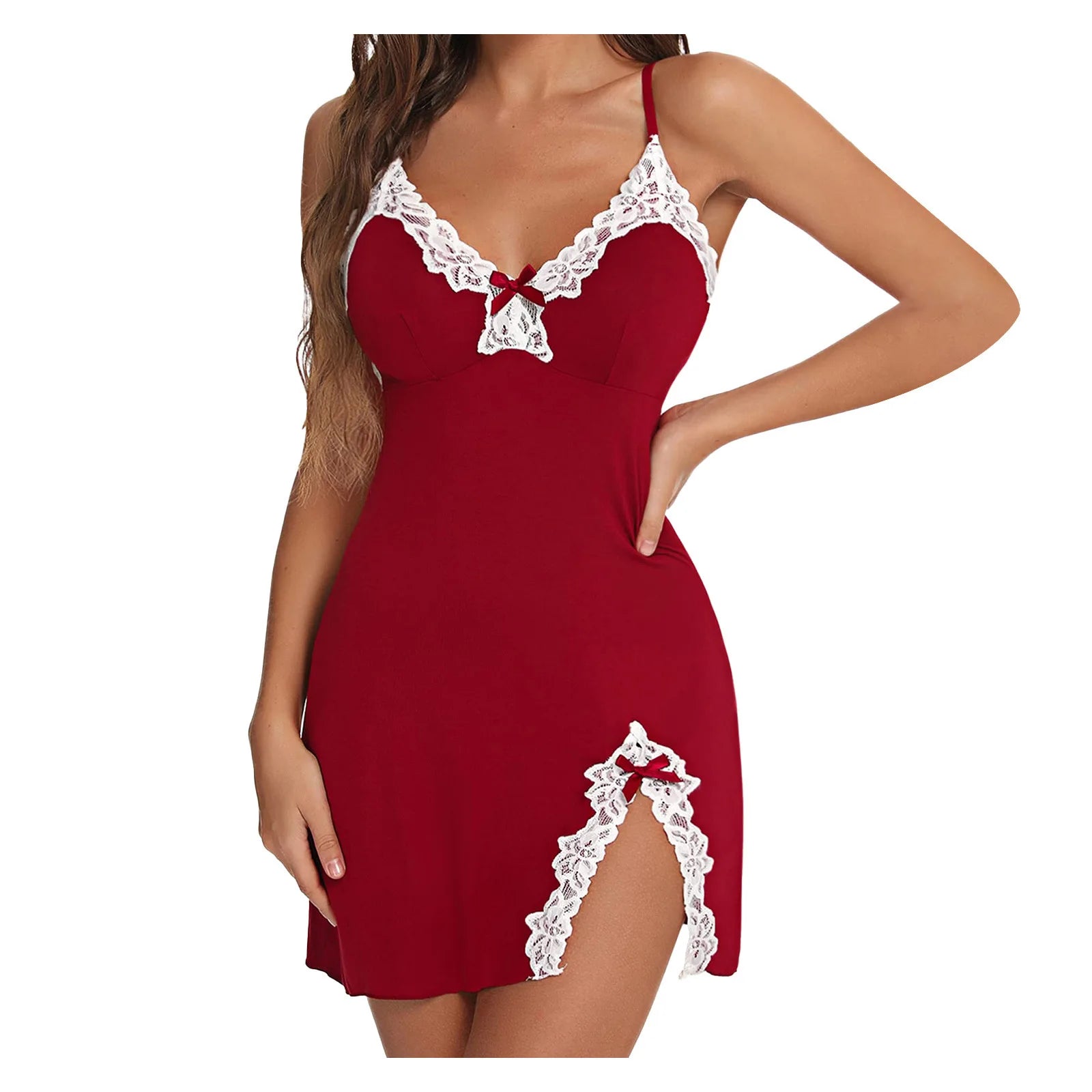Deep red mini chemise with white lace trim, spaghetti straps, and a side-split hem with decorative bows.