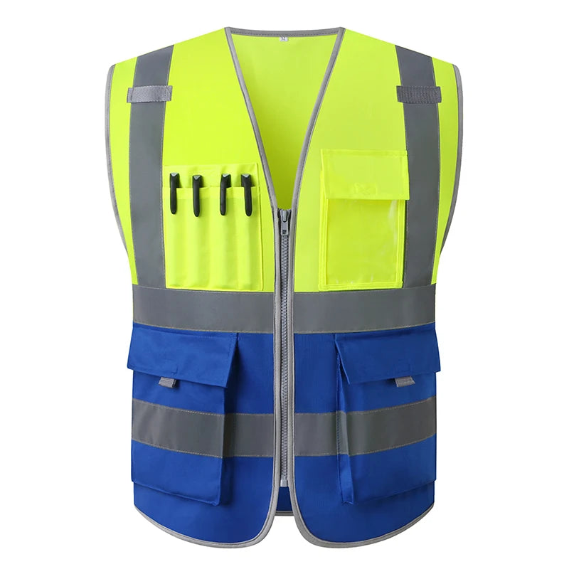 Hi-vis yellow and blue safety vest with a zip front, multiple storage pockets, and reflective grey strips.