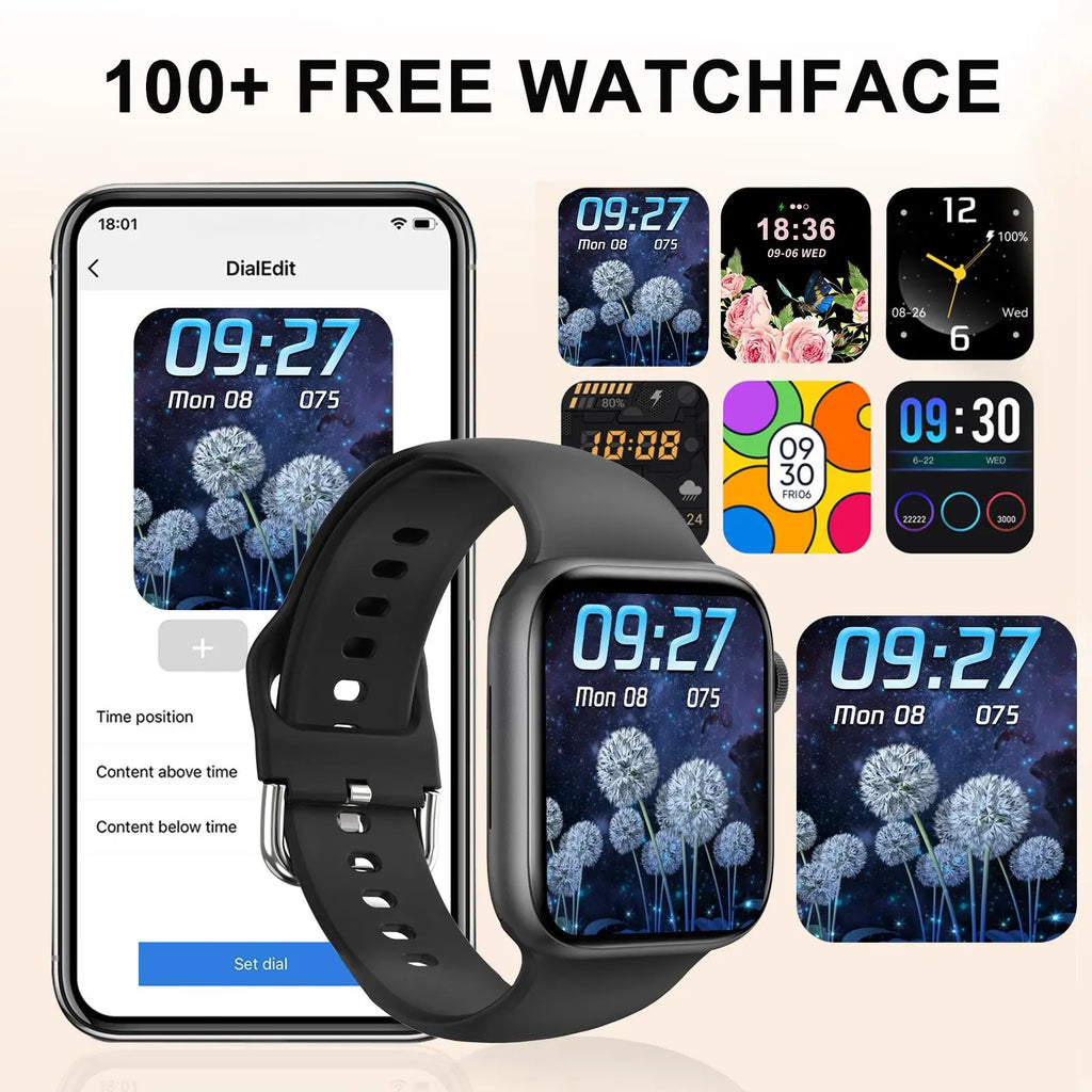 Black smart watch with a sleek square design, customisable digital watch faces, and wireless app syncing.