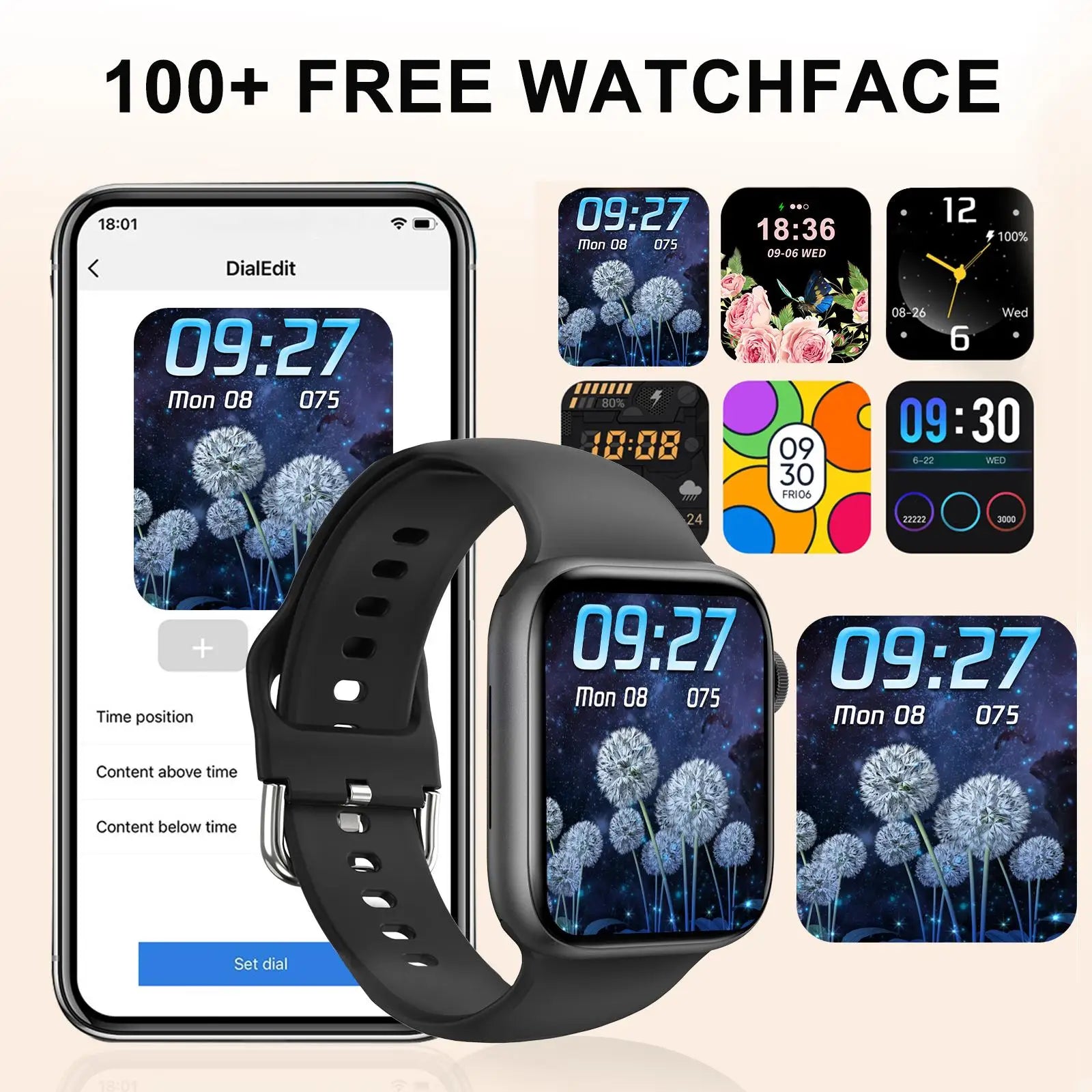 Black smart watch with a sleek square design, customisable digital watch faces, and wireless app syncing.