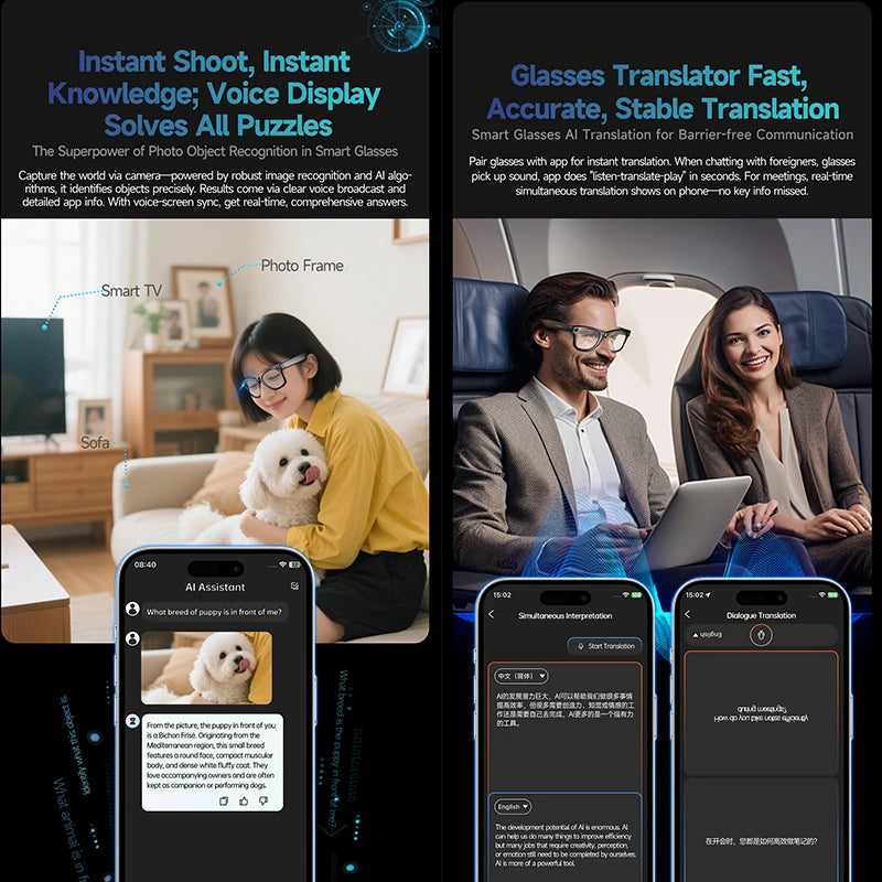 Smart black-frame glasses featuring built-in HD camera and AI technology for real-time translation and object recognition.