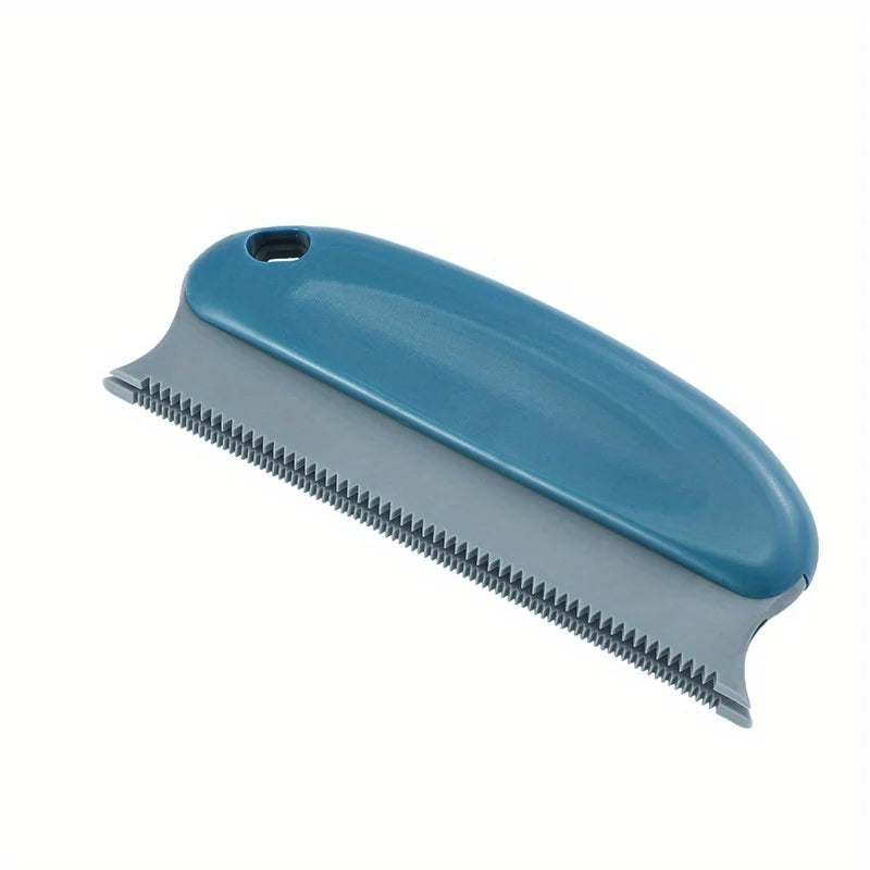 Blue and grey pet de-shedding tool with a fine-toothed metal comb and ergonomic handle.