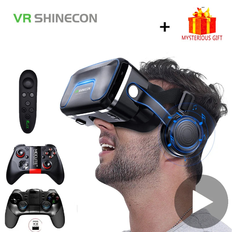 Black VR Shinecon 10.0 headset with built-in headphones worn by a man, shown alongside a remote and gamepads.