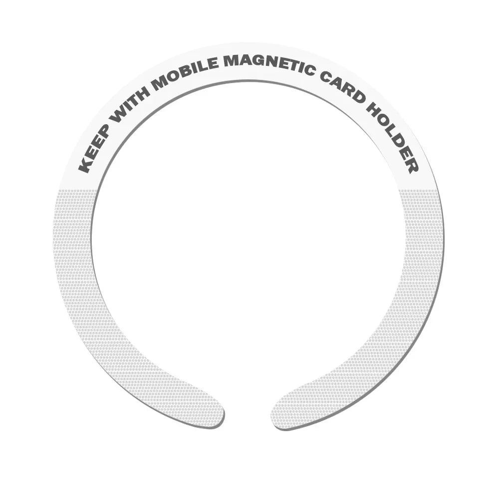 A white, circular magnetic mobile card holder featuring a subtle dot pattern and arched black text.
